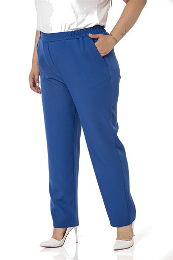 Plus Size İndigo Trousers with Side and Back Elastic Waist Narrow Leg Pocket