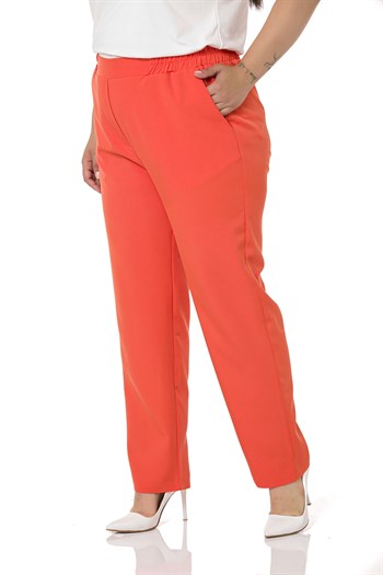 Plus Size Orange Trousers with Side and Back Elastic Waist Narrow Leg Pockets