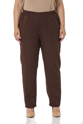 Plus Size Brown Trousers with Side and Back Elastic Waist Narrow Leg Pocket
