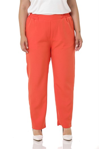 Plus Size Orange Trousers with Side and Back Elastic Waist Narrow Leg Pockets