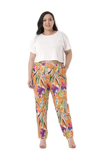 Plus Size Leaf Printed Orange Trousers with Side and Back Elastic Waist Pockets