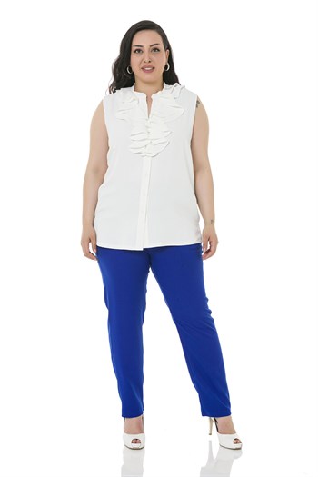 Plus Size Sax Blue Trousers with Side and Back Elastic Waist Narrow Leg Pockets