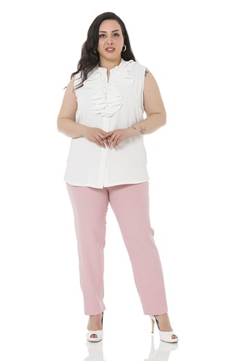Plus Size Light Pink Trousers with Side and Back Elastic Waist Narrow Leg Pockets