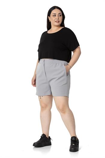 Plus Size Gray Shorts with Side and Back Elastic Waist Pockets