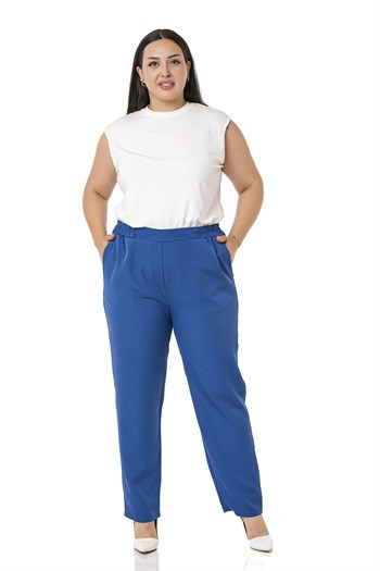 Plus Size İndigo Trousers with Side and Back Elastic Waist Narrow Leg Pocket