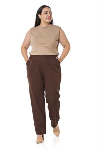 Plus Size Brown Trousers with Side and Back Elastic Waist Narrow Leg Pocket