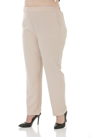 Plus Size Beige Trousers with Side and Back Elastic Waist Narrow Leg Pockets