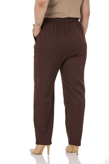 Plus Size Brown Trousers with Side and Back Elastic Waist Narrow Leg Pocket
