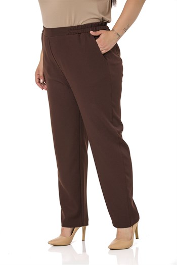 Plus Size Brown Trousers with Side and Back Elastic Waist Narrow Leg Pocket