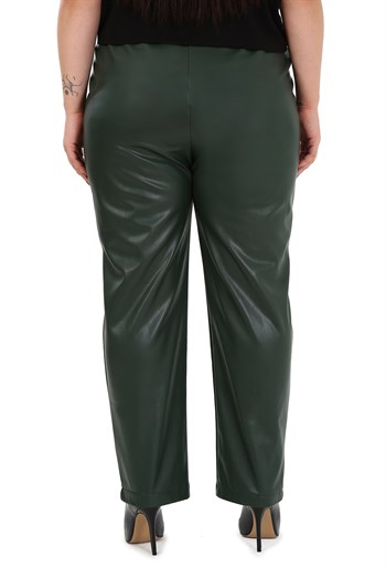 Büyük Beden Beli Yanlardan Lastikli Cepli Haki Deri Pantolon