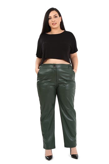 Büyük Beden Beli Yanlardan Lastikli Cepli Haki Deri Pantolon