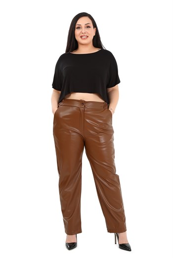 Büyük Beden Beli Yanlardan Lastikli Cepli Kahverengi Deri Pantolon
