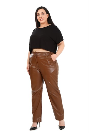 Büyük Beden Beli Yanlardan Lastikli Cepli Kahverengi Deri Pantolon