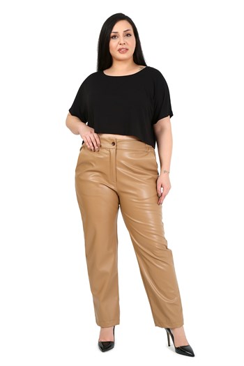 Büyük Beden Beli Yanlardan Lastikli Cepli Bej Rengi Deri Pantolon