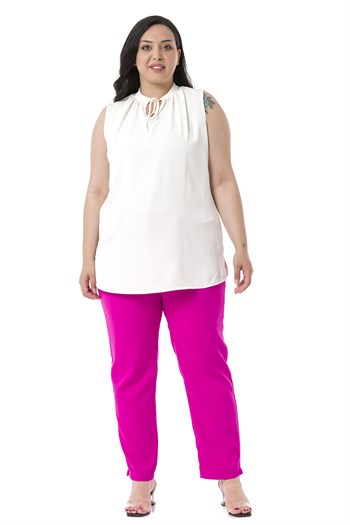 Plus Size Fuchsia Trousers with Elastic Waist Sides Zippered Leg Slits