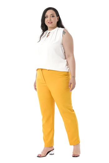Plus Size Mustard Trousers with Elastic Waist Sides Zippered Leg Slits
