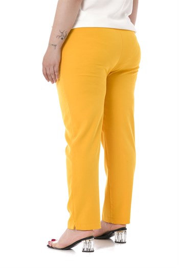 Plus Size Mustard Trousers with Elastic Waist Sides Zippered Leg Slits