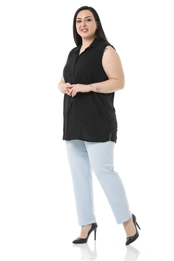 Plus Size Baby Blue Trousers with Elastic Waist Sides Zippered Leg Slits