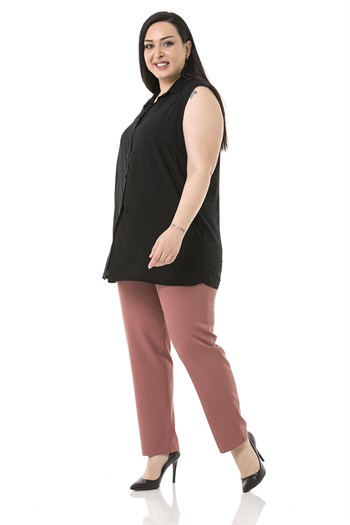 Plus Size Pink Trousers with Elastic Waist Sides Zippered Leg Slits