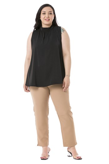 Plus Size Mink Trousers with Elastic Waist Sides Zippered Leg Slits