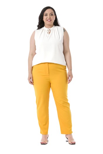 Plus Size Mustard Trousers with Elastic Waist Sides Zippered Leg Slits