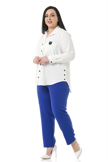 Plus Size İndigo Trousers with Elastic Waist Sides Zippered Leg Slits