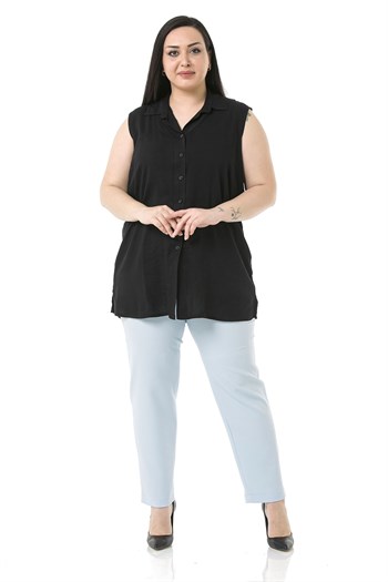Plus Size Baby Blue Trousers with Elastic Waist Sides Zippered Leg Slits