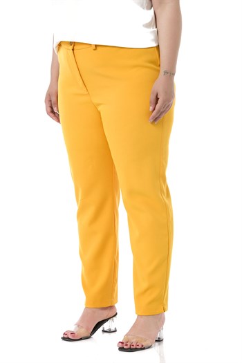 Plus Size Mustard Trousers with Elastic Waist Sides Zippered Leg Slits
