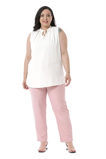 Plus Size Light Pink Trousers with Elastic Waist Sides Zippered Leg Slits