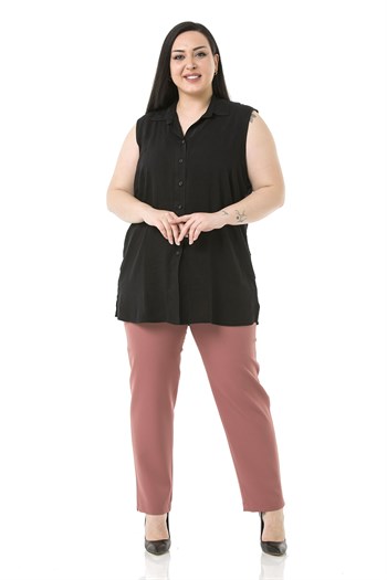 Plus Size Pink Trousers with Elastic Waist Sides Zippered Leg Slits