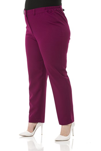 Plus Size Burgundy Trousers with Elastic Waist Sides Zippered Leg Slits