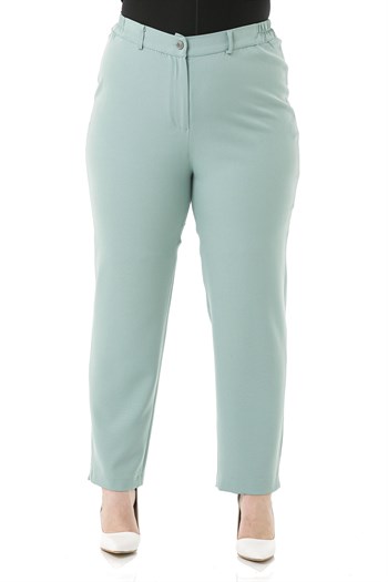 Plus Size Mint Trousers with Elastic Waist Sides Zippered Leg Slits