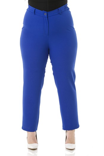 Plus Size İndigo Trousers with Elastic Waist Sides Zippered Leg Slits