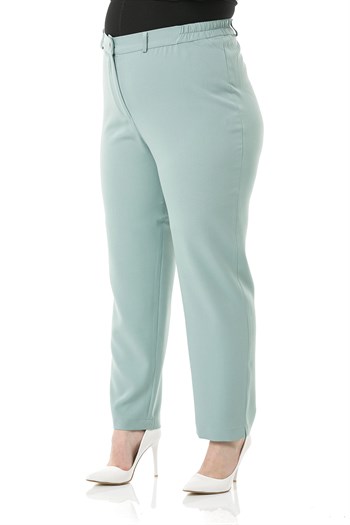 Plus Size Mint Trousers with Elastic Waist Sides Zippered Leg Slits