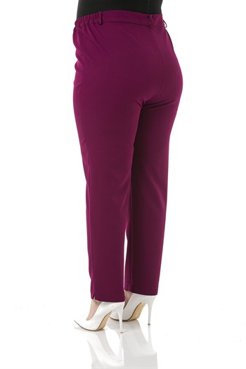 Plus Size Burgundy Trousers with Elastic Waist Sides Zippered Leg Slits