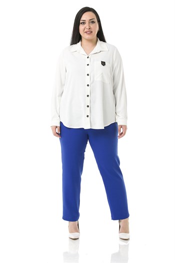 Plus Size İndigo Trousers with Elastic Waist Sides Zippered Leg Slits