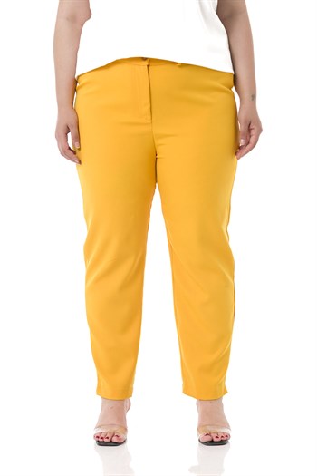 Plus Size Mustard Trousers with Elastic Waist Sides Zippered Leg Slits