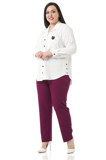 Plus Size Burgundy Trousers with Elastic Waist Sides Zippered Leg Slits