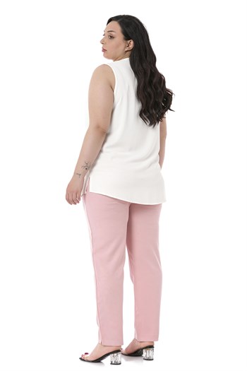 Plus Size Light Pink Trousers with Elastic Waist Sides Zippered Leg Slits
