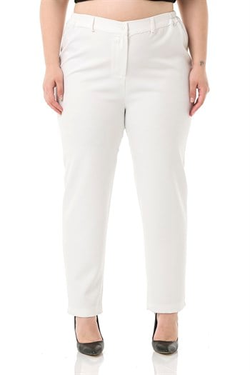 Plus Size White Trousers with Elastic Waist Sides Zippered Leg Slits