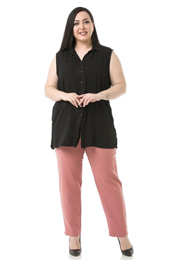 Plus Size Rose Trousers with Elastic Waist Sides Zippered Leg Slits