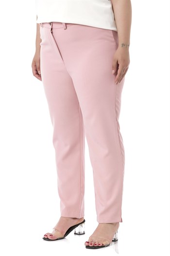 Plus Size Light Pink Trousers with Elastic Waist Sides Zippered Leg Slits