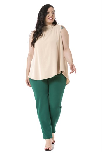 Plus Size Emerald Trousers with Elastic Waist Sides Zippered Leg Slits