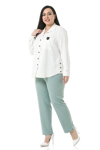 Plus Size Mint Trousers with Elastic Waist Sides Zippered Leg Slits