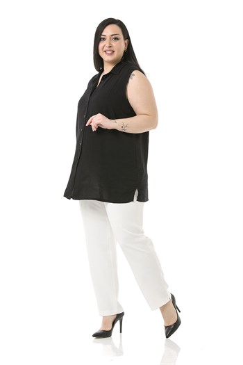 Plus Size White Trousers with Elastic Waist Sides Zippered Leg Slits