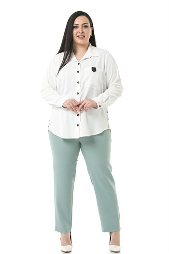 Plus Size Mint Trousers with Elastic Waist Sides Zippered Leg Slits