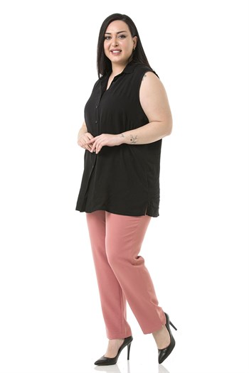 Plus Size Rose Trousers with Elastic Waist Sides Zippered Leg Slits