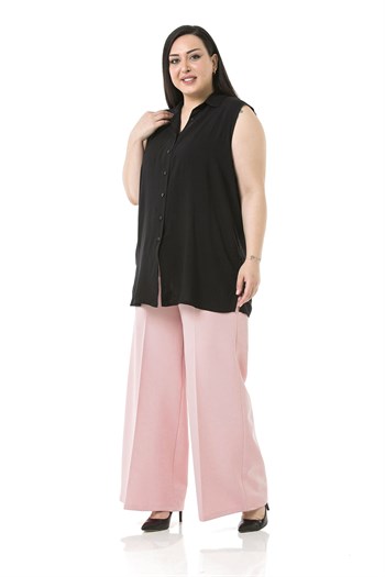 Plus Size Double Light Pink Wide Leg Trousers with Elastic Waist Sides and Back