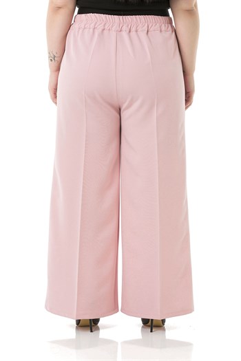 Plus Size Double Light Pink Wide Leg Trousers with Elastic Waist Sides and Back