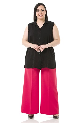 Plus Size Double Fuchsia Wide Leg Trousers with Elastic Waist Sides and Back